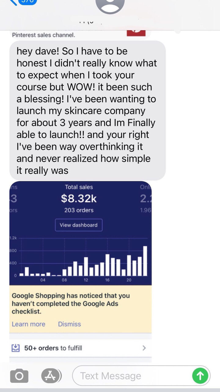Student message: $8.32k in sales across 203 orders